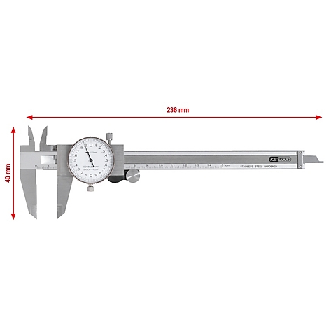 Eine silberne Messschieber mit Anzeige. Rote Pfeile zeigen die Abmessungen 40 mm und 236 mm.